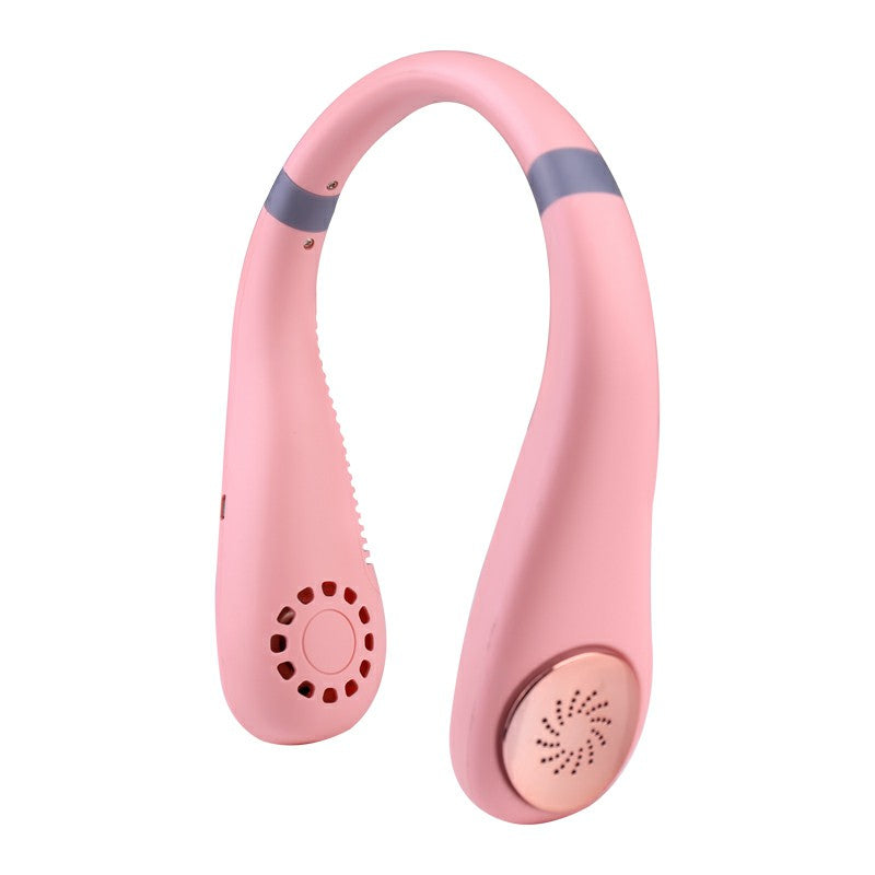 Neckband Bladeless Lazy Fan Neck Hanging Cooler USB Rechargeable 2400mAh with Lights - Pink