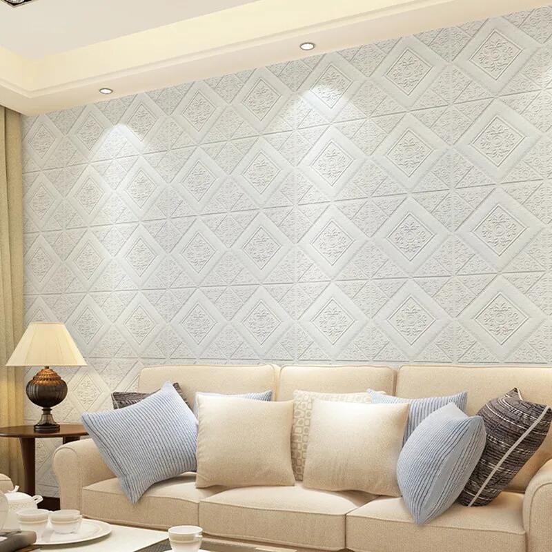10pcs 3D Tile Brick Wall Sticker Waterproof Foam Panel Self-adhesive Wallpaper - White Pineapple Grid