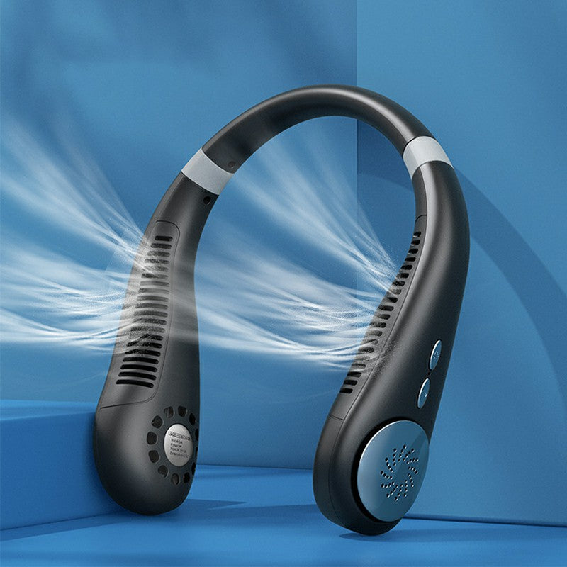 Neckband Bladeless Lazy Fan Neck Hanging Cooler USB Rechargeable 2400mAh with Lights - Black