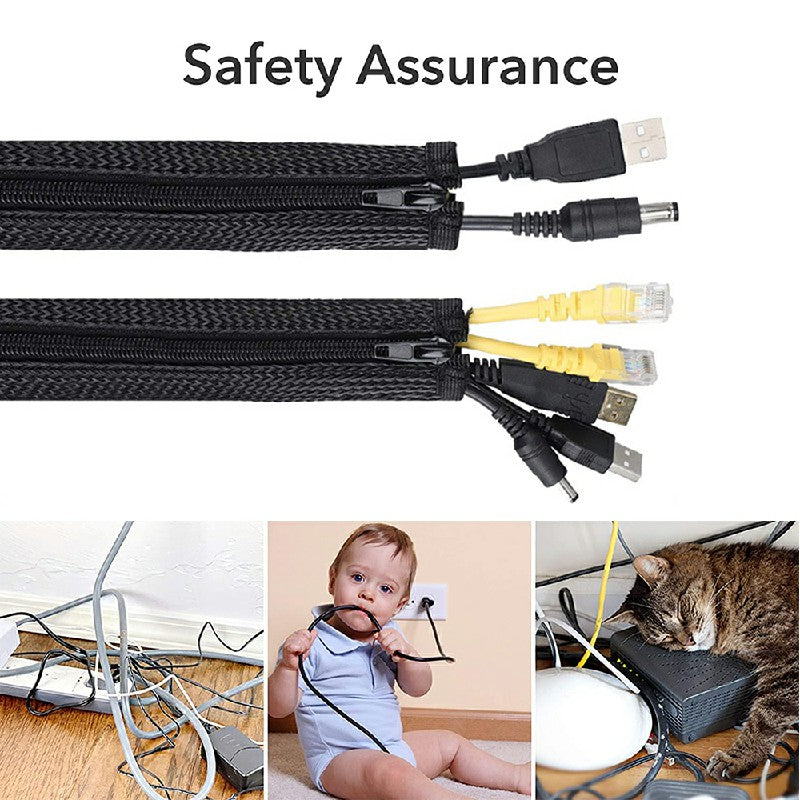 120cm Cable Tidy Zip Sleeve for PC/TV Wire Management Organisers Cable Cover Protector - Black