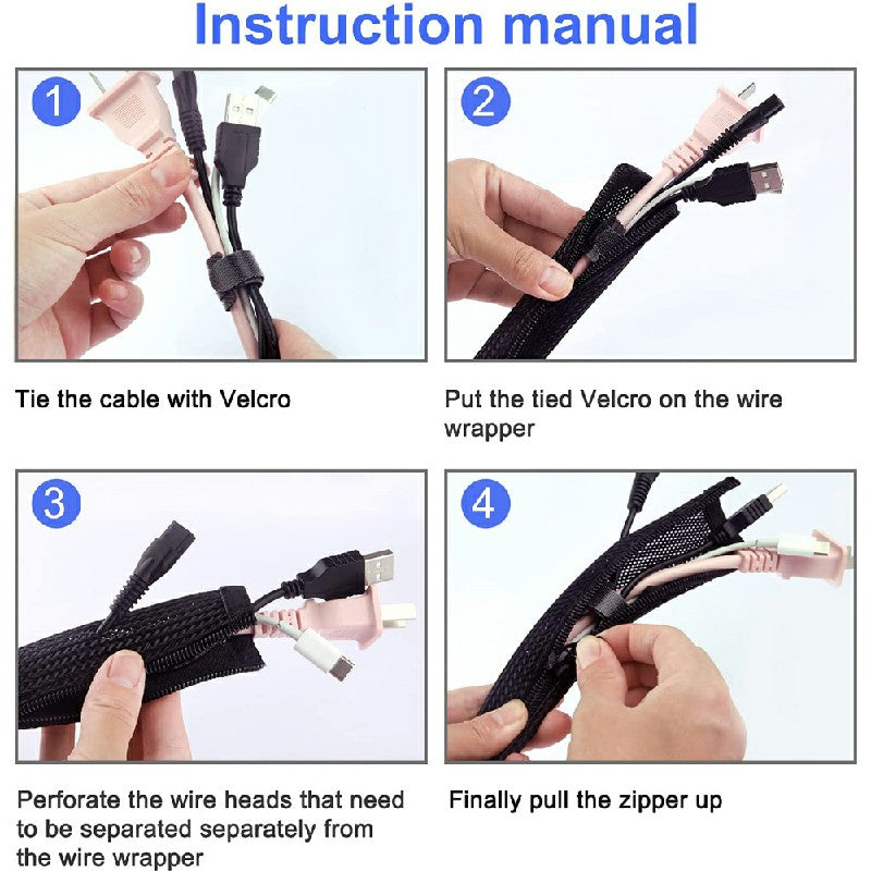 120cm Cable Tidy Zip Sleeve for PC/TV Wire Management Organisers Cable Cover Protector - Black