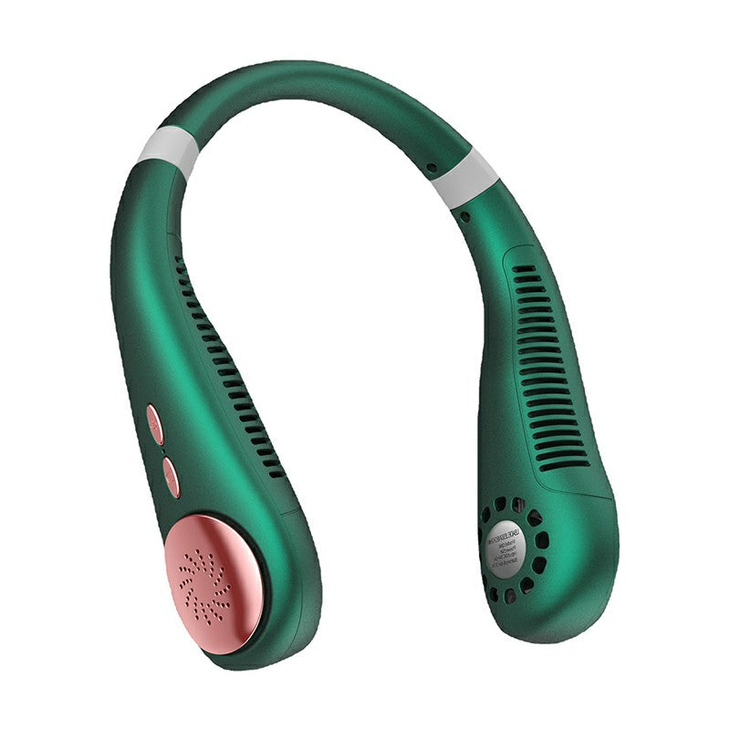 Neckband Bladeless Lazy Fan Neck Hanging Cooler USB Rechargeable 2400mAh with Lights - Green