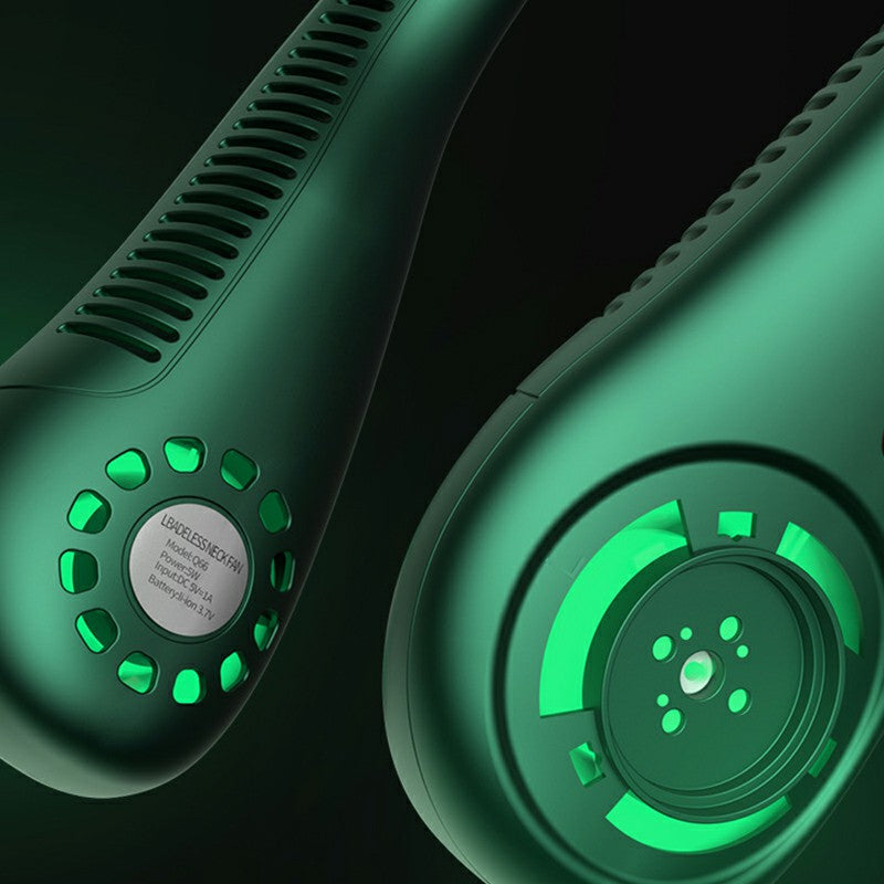 Neckband Bladeless Lazy Fan Neck Hanging Cooler USB Rechargeable 2400mAh with Lights - Green