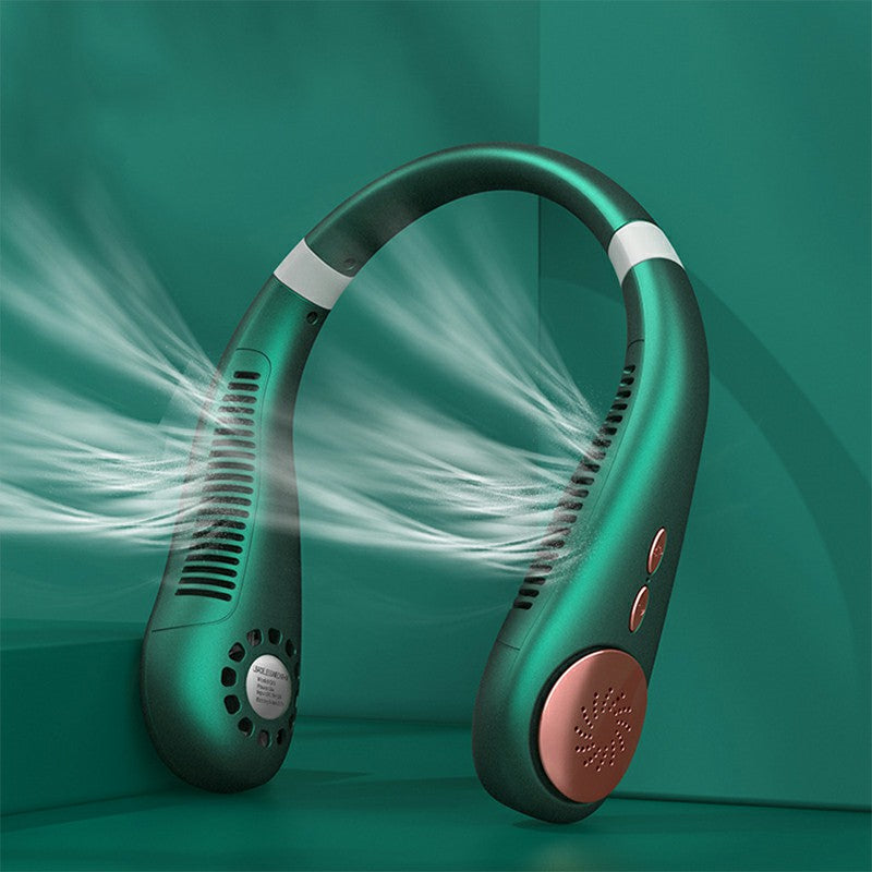 Neckband Bladeless Lazy Fan Neck Hanging Cooler USB Rechargeable 2400mAh with Lights - Green
