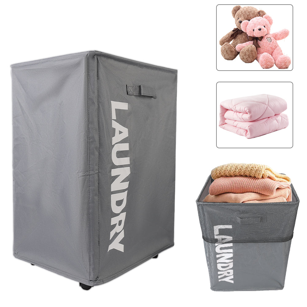 Collapsible Laundry Basket on Wheels Washing Clothes Bin Slim Rolling Hamper - Grey