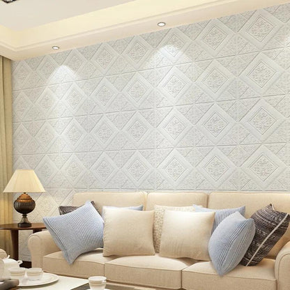 10pcs 3D Tile Brick Wall Sticker Waterproof Foam Panel Self-adhesive Wallpaper - White Pineapple Grid
